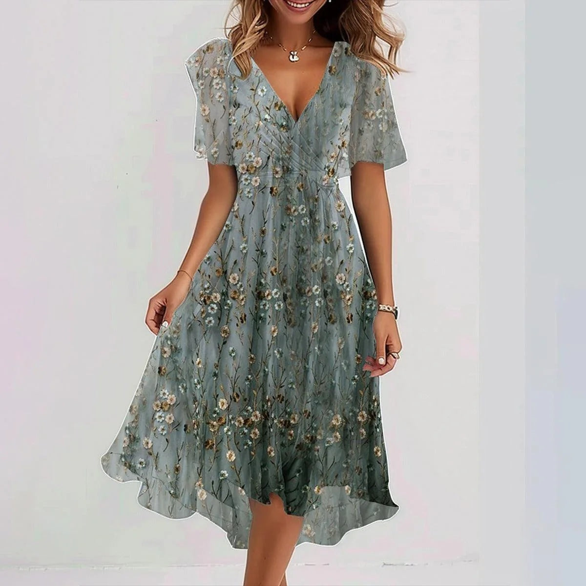 Robe à col en V élégante en mousseline imprimée pour femmes