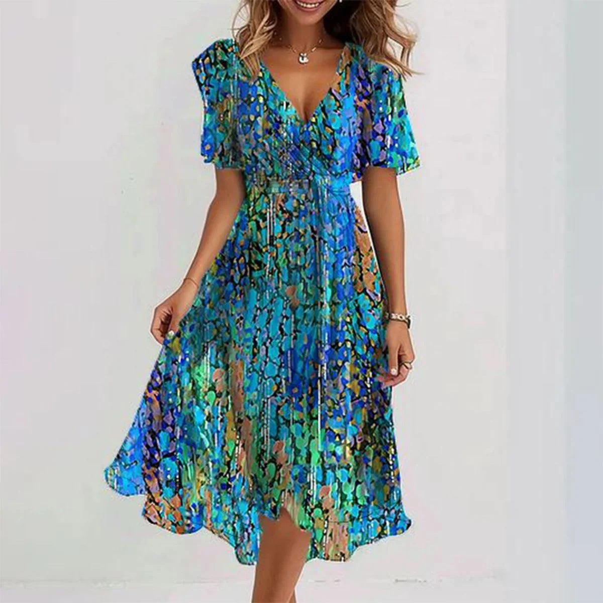 Robe à col en V élégante en mousseline imprimée pour femmes