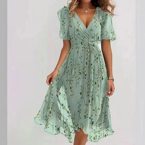 Robe à col en V élégante en mousseline imprimée pour femmes