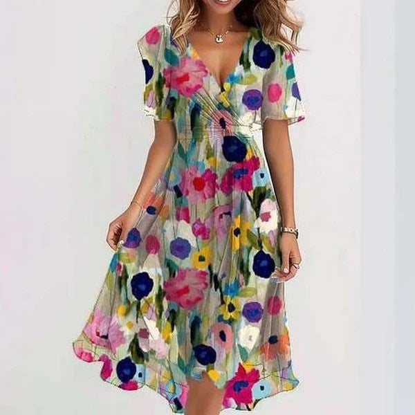 Robe à col en V élégante en mousseline imprimée pour femmes