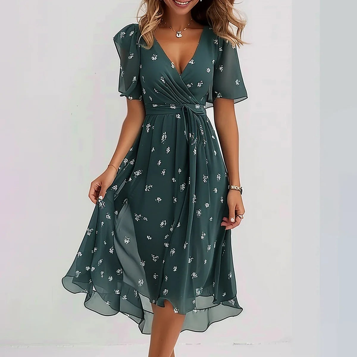 Robe à col en V élégante en mousseline imprimée pour femmes