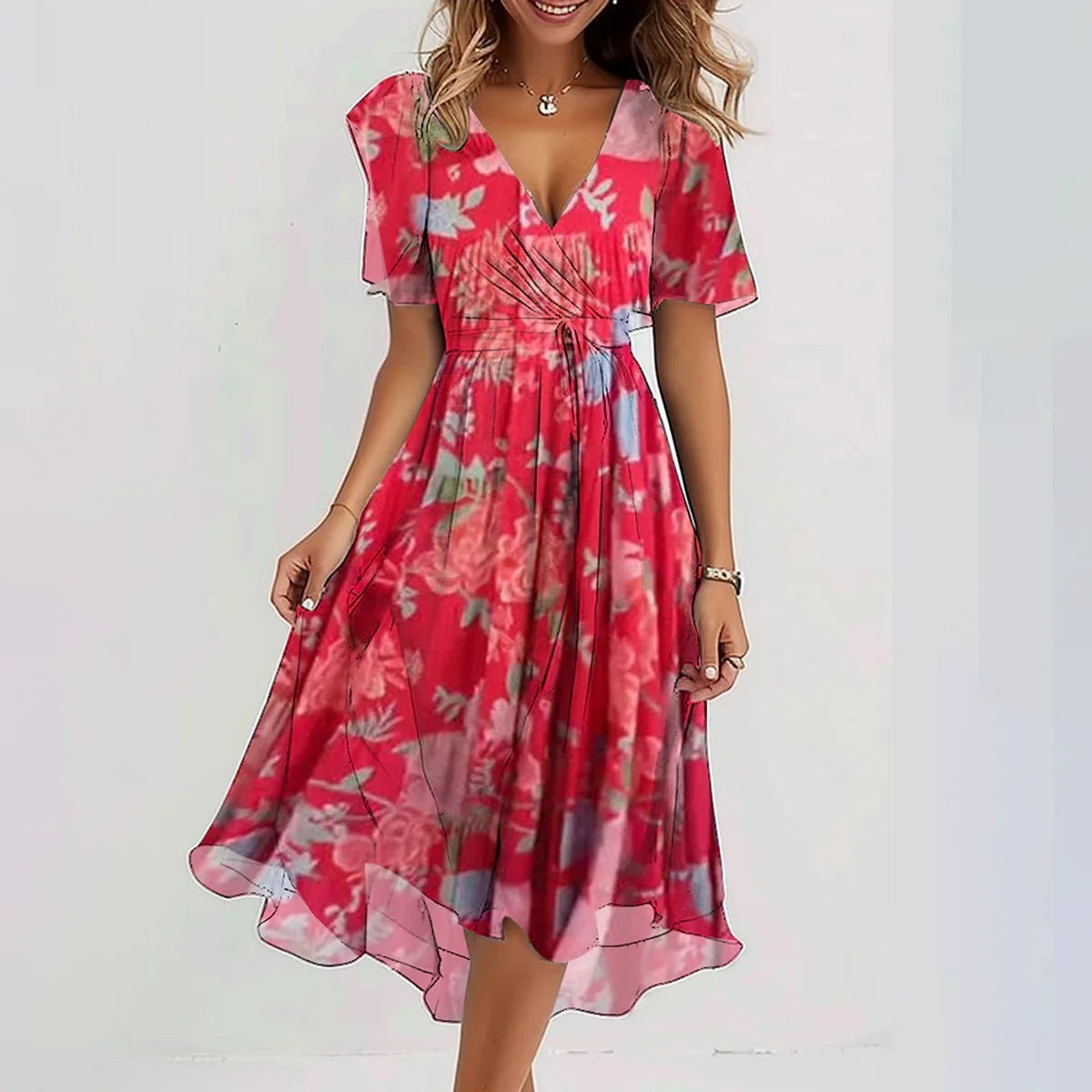 Robe à col en V élégante en mousseline imprimée pour femmes