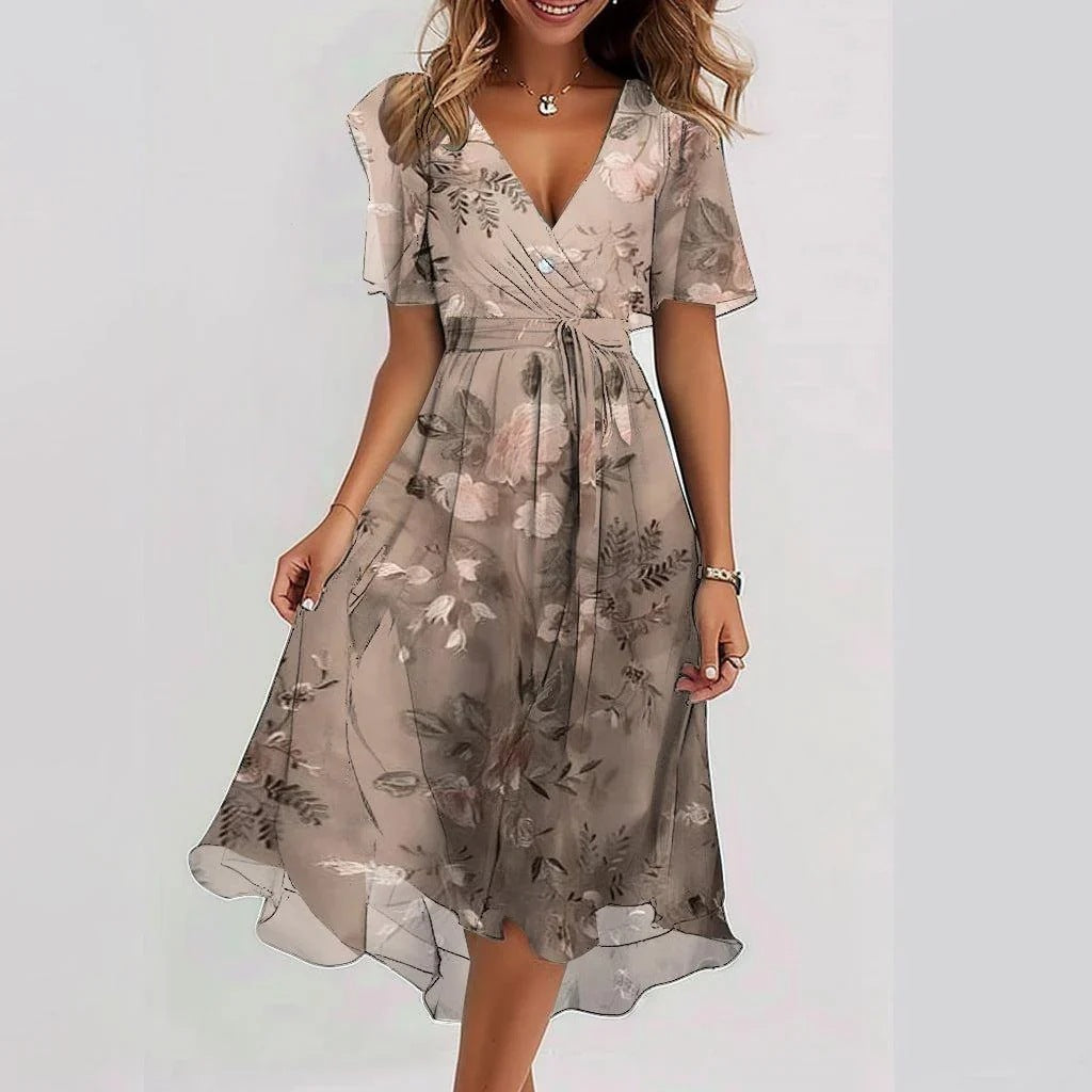 Robe à col en V élégante en mousseline imprimée pour femmes