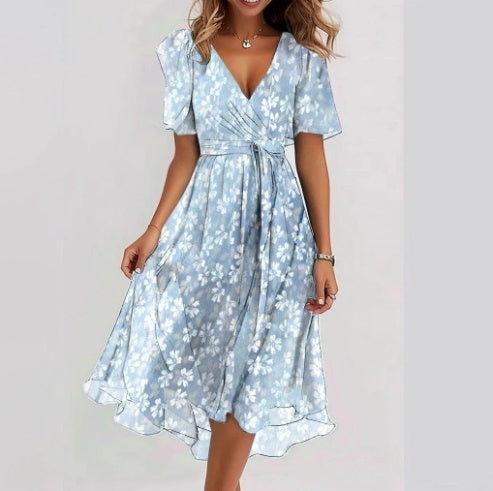 Robe à col en V élégante en mousseline imprimée pour femmes