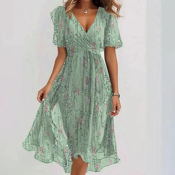 Robe à col en V élégante en mousseline imprimée pour femmes