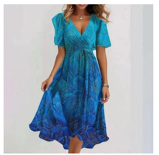 Robe à col en V élégante en mousseline imprimée pour femmes
