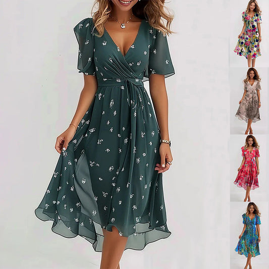Robe à col en V élégante en mousseline imprimée pour femmes